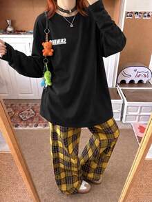 Loose Crew Neck Long Sleeve T-Shirt For Women, Minimalist Letter Print, Y2K Base Layer Top, Autumn - Black - View 5