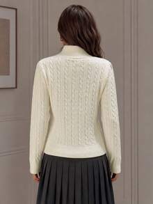 FOR BEAUTY Fall Winter Women Sweaters Elegant Casual Vacation Cream Cable Knit Button Up Cardigan High Neck Long Sleeve Tops Daily Outfits Clothes - White - View 9