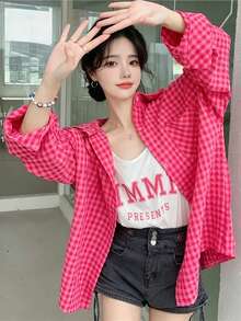 YUXIN Women's Loose Plaid Shirt, Turn-Down Collar Button Front, Single Side Pocket, Multiple Colors Available Red - Red - View 2