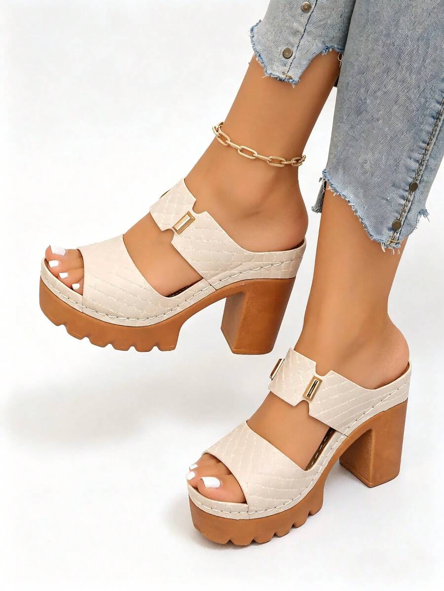 Women's High Heel Sandals Solid Color Hook & Loop Plus Size Wide Fit Lightweight Comfortable Chunky Heel Casual Commute Slip-On Sandals Slides Minimalist Summer Beach Style Slip-On Slides