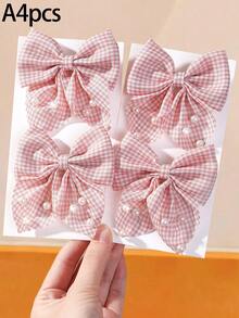 4/1pc Pink Plaid Fabric Pearl Bow Hair Clips Cute Little Princess Hair Accessories Alligator Hair Clips Non-Damaging For Daily Use - Pink - View 8