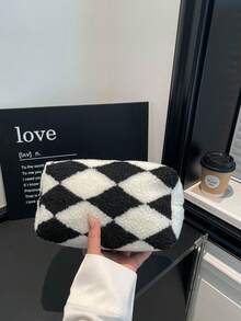 Tas Mewah Bulu Domba Keriting Tas Kosmetik Serbaguna Motif Kisi Berlian Warna Kontras Blok Warna Tas Genggam Kasual Tas Kecil Hangat dan Lembut Tas Pelajar Tas Penyimpanan Kotak Pensil Pelajar - Hitam dan Putih - View 9
