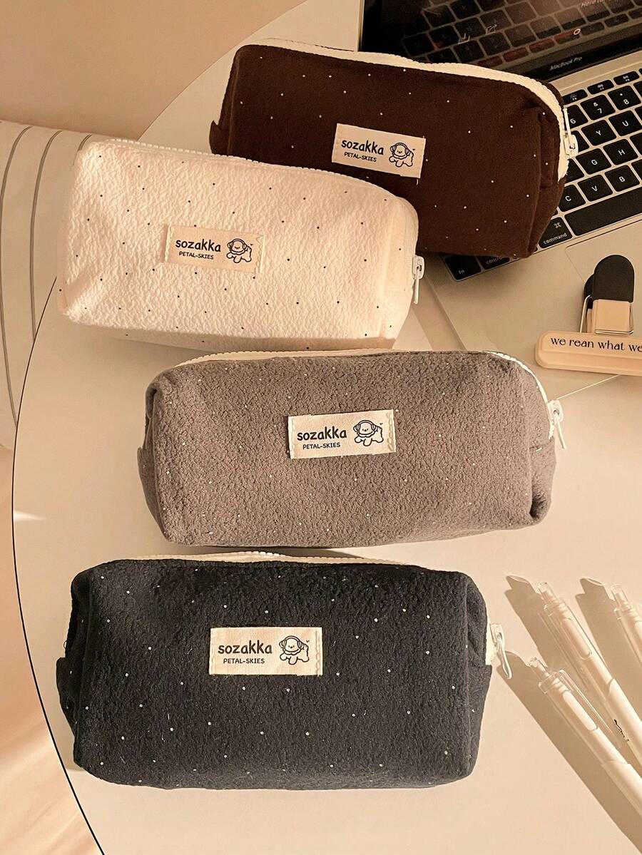 Wool Blend Polka Dot Pencil Case Stationery Storage Bag, Large Capacity Portable Zipper Pouch, Suitable For Back To School, Can Store School Supplies Or Makeup Brushes For Travel