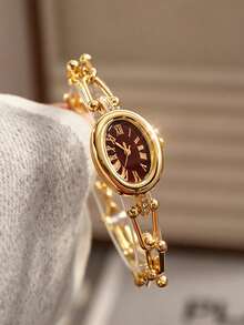 1pc Women's Bracelet Watch, Luxury Oval Roman Numeral Dial, Embedded Diamond Crystal, Water Ripple Design, Alloy Quartz Watch, Gift For Girlfriend - Gold - View 6
