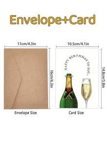 1pc Retro Hand-Painted Champagne Bottle Birthday Card With Red Envelope, Easy Premium Toast Happy Birthday Greeting Card, Adult Men Women Party Celebration Gift Sentiment Card - Multicolor - View 4