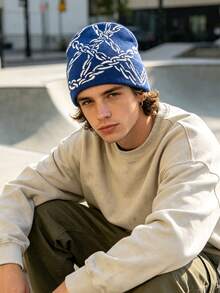 1pc Unisex Chain Jacquard Knit Beanie, Millennium Gothic Intertwined Chain Pattern Elastic Pull-On Hat, Streetwear Style, Suitable For Daily Wear, Skateboarding, Outdoor, Autumn/Winter - A - View 4