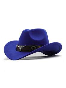 1pc Pure Black Faux Wool Western Cowboy Hat With Dark Brown Leather Hat Band, Decorated With Silver Bull Head Badge And Vintage Metal Round Buckle, Black And Brown Contrast Cool Style, Shapeable Wide Brim, Outdoor Travel Photography Western Style Versatile Sun Protection Hat, Unisex - Top Hat - View 13