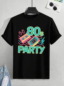80's Retro Cassette Tape Print T-Shirt, Crew Neck, Loose Fit, Casual, Comfortable, Art Print. - Black - View 2