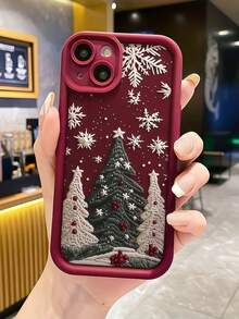 1pc Christmas Phone Case With 3D Embroidered Christmas Tree And Snowflake Pattern, Burgundy Leather Frame Shockproof Soft TPU Protective Cover, Compatible With GALAXY, HONOR, Phones - Burgundy - View 5