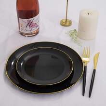 2/12/25/50pcs Set 7.5 Inch Dessert Plates And 10.25 Inch Dinner Plates, Black Gold Rim Plates, Suitable For Weddings, Anniversaries And Celebration Party Tableware - Black - View 10