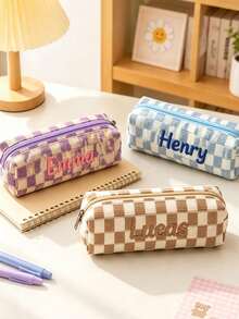 1pc Personalized Plaid Pencil Case, Customized Name Embroidered Stationery Box, School Supplies, Back To School Gift, Teacher's Day Gift, Personalized Makeup Bag, Toiletry Organizer Bag, Christmas Gift - Multicolor - View 2