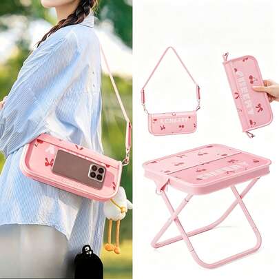 2-IN-1 Foldable Cherry Stool, Portable Outdoor Folding Chair Convertible To Crossbody Bag, Reinforced Carbon Steel Frame 600D Fabric Camping Seat For Travel Concert Picnic