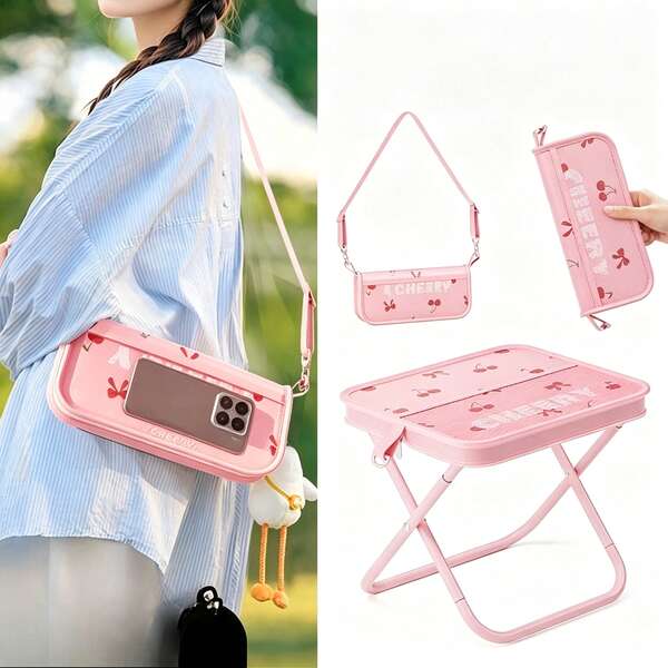 Taburete plegable 2 en 1 color cereza, silla plegable portátil para exteriores convertible en bolso bandolera, marco de acero al carbono reforzado, tela 600D, asiento de camping para viajes, conciertos y picnics
