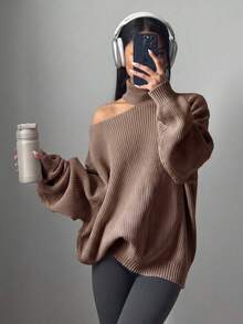 Sweater Turtleneck Rajut Waffle SEREN Wanita dengan Detail Bahu Terbuka, Pullover Lengan Panjang untuk Gaya Musim Gugur dan Musim Dingin - Coklat - View 2
