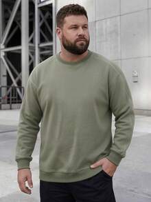 Spring/Autumn Plus Size Men's Solid Color Crew Neck Sweatshirt, Contrast Stitch Raglan Sleeve Loose Casual Basic Long Sleeve Top - Green - View 6