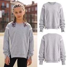 Tween Girl Spring/Autumn Solid Color Minimalist Loose Long Sleeve Sports Sweatshirt - Grey - View 2