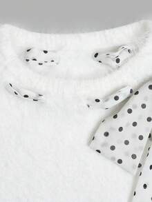 Nicenter Suéter de mujer de punto esponjoso blanco con lunares y lazo decorativo, cuello redondo, manga larga, mezcla de lana, casual para otoño/invierno, adecuado para oficina, uso diario, - Blanco - Ver 4