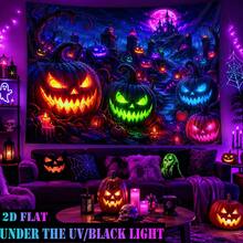 2D Flat - 1pc QD_VIVIOS Halloween Pumpkin Castle Night Scene Print Black Light UV Reactive Fluorescent Wall Tapestry Bedroom Decor Dorm Decor - Multicolor - View 7