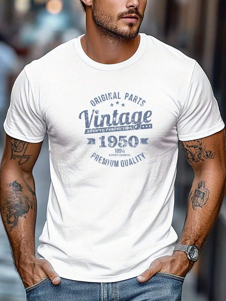 Men'S Original Parts Vintage Pattern Summer Casual Round Neck Short Sleeve T-Shirt - 白色 - 查看 1