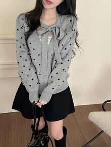 Korean Chic Niche Ribbon Polka Dot Button Loose Round Neck Cardigan Long Sleeve Sweater For Women - Grey - View 2
