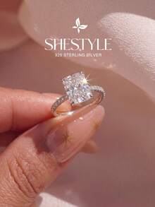 1 buah Cincin Pertunangan/Cincin Pernikahan Berlian Persegi Panjang Berkilau, Perak Sterling 925, Cincin Janji/Cincin Keabadian Wanita, Hadiah Perhiasan yang Istimewa - Perak - View 4