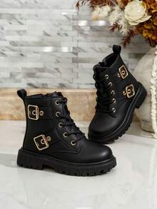 Girls' Black Motorcycle Style Ankle Boots, Metal Double Buckle Lace-Up Side Zipper Leather Boots, Thick Sole Anti-Slip Wear-Resistant Children's Autumn/Winter Work Boots - Black - View 3