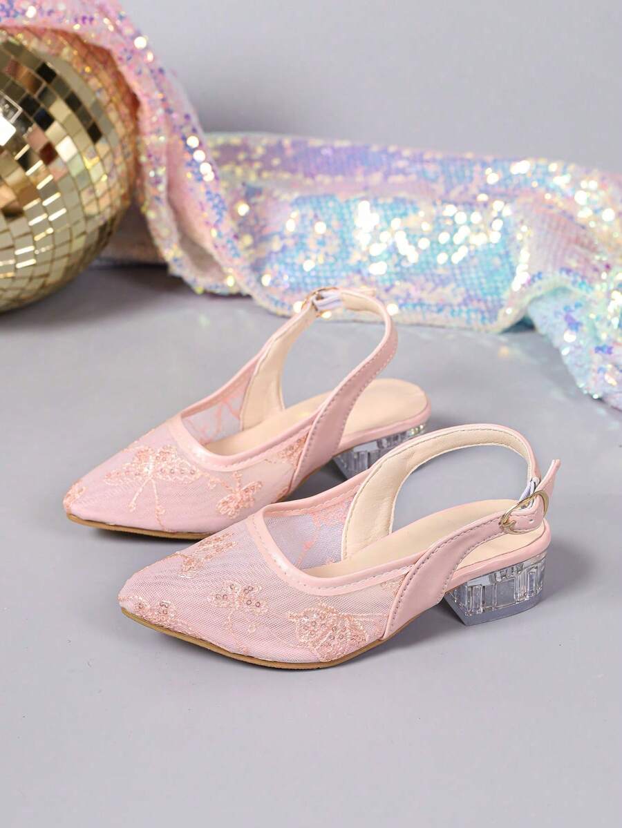 Minimalist Gentle Style Beige Lace Thin Strap High Heel Sandals, Crystal Heel, Versatile Elegant, Suitable For Girls Performance Wear - Pink - View 1