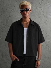 HOMIIE Men Black Short Sleeve Button Down Shirt, Lapel Collar Dual Chest Pockets Loose Cropped Top, Streetwear Back To School Outfit - Black - View 6