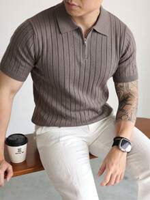 Men's Unisex POLO Collar Knit Sweater, Daily Commute Casual Versatile Solid Color Textured Half-Open Neck Short Sleeve Loose Knit Top, Spring/Summer - Brown - View 3