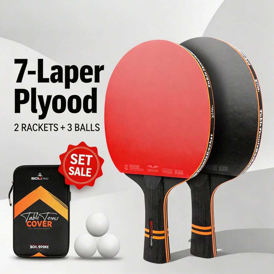 BOLI A12 Table Tennis Racket Set, 2 Paddles + 3 Balls, 7-Layer Poplar Wood Blade With Inverted Rubber, Beginner Indoor Ping Pong Kit - Multicolor - View 1