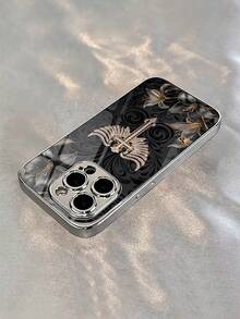 1PC Luxury Black Floral Phone Case, Rhinestone Cross Angel Wings Design, Silver Electroplated Tempered Glass Back Panel Anti-Drop Protective Shell, High-End Texture Protective Case Suitable For Apple Air 17/16e/16Pro/16ProMax/16Plus/15/15Plus/15ProMax, 14/14Plus/14Pro/14ProMax, 13/13Pro/13ProMax, 12/12Pro/12ProMax, 11/11Pro/11ProMax And Other Models, Suitable For Personal Use Or Gift - Multicolor - View 5