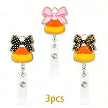 1pc/3pcs Halloween Candy Corn Leopard Print Bow Glitter Acrylic Retractable Badge Reel With Crocodile Clip - Multicolor - View 10