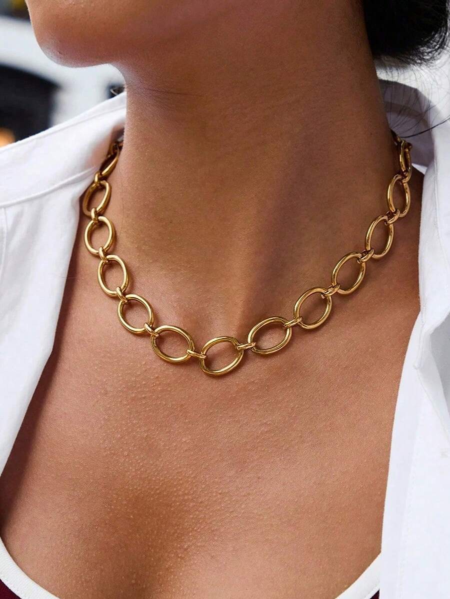 S SHOPBOHO 1pc Stainless Steel Geometric Circle Collarbone Chain Exaggerated Chain Necklace Summer Non-Fading Jewelry - Geometry - View 1