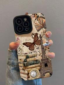 1pc New Fashion Vintage Book Eiffel Tower Butterfly Pattern Shockproof Leather Phone Case, Daily Protection Essential, Style, Perfect Gift For Friends, Family, Etc., Compatible With Iphone17/17Air/17Pro/17ProMax/IPhone16/16Plus/16Pro/16ProMax/IPhone15/15Plus/15Pro/15ProMax/IPhone14/14Plus/14Pro/14ProMax/IPhone13/13Pro/13ProMax/IPhone12/12Pro/12ProMax/IPhone11/IPhone11Pro/11ProMax - Multicolor - View 2