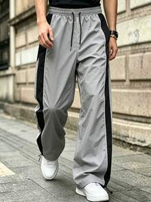 Whitmere Men's Wrinkled Texture Nylon Drawstring Waist Loose Fit Joggers, Side Colorblock And Stitching Details, Casual Street Style, Suitable For Daily Wear - Grey - View 5