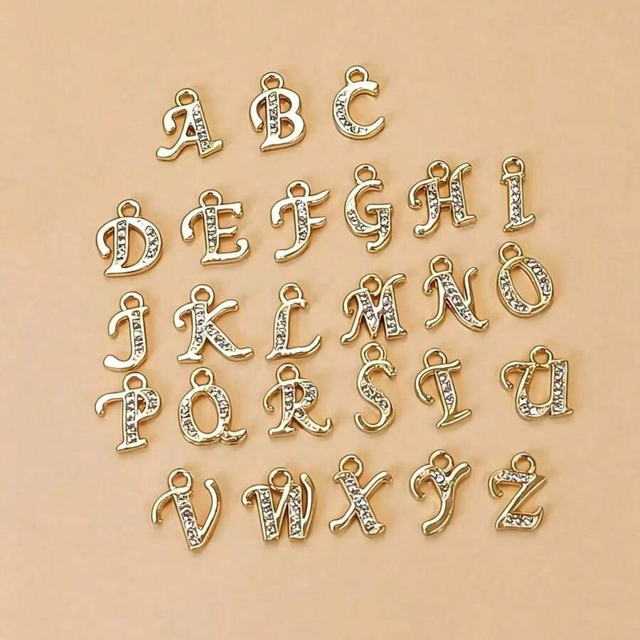 26Pcs A-Z Gold Letter Charms, Includes Full Rhinestone Letter Charms, Jewelry Making Supplies Pendants, Practical Alphabet Charm Pendants - Script Letter Pendant - View 1