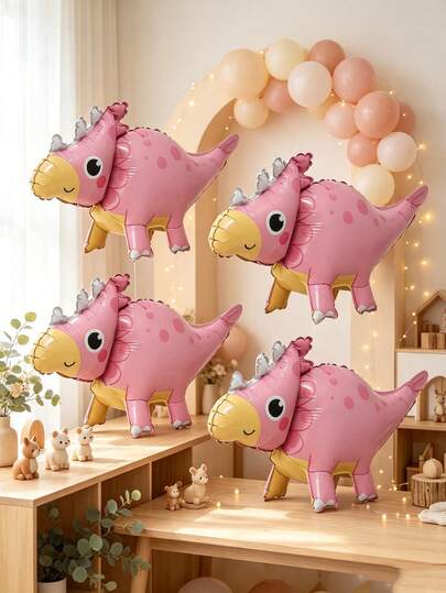 4pcs Pink Cartoon Triceratops Foil Balloons, Suitable For Dinosaur Animal Theme Party Decoration Props, Birthday Party Decoration Balloons