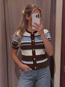 Women Cable Cardigan, Open Front Button Short Sleeve Cropped Vest, Medium Stretch H-Sil For Fall Winter Layering, Back To School Vacation - Dark Brown - View 6