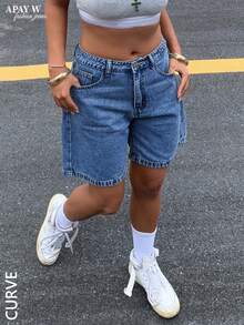 Damen-Bermuda-Denim Shorts in Große Größen, einfarbig, lässig für den Sommer - Dunkle Waschung - Übersicht 1