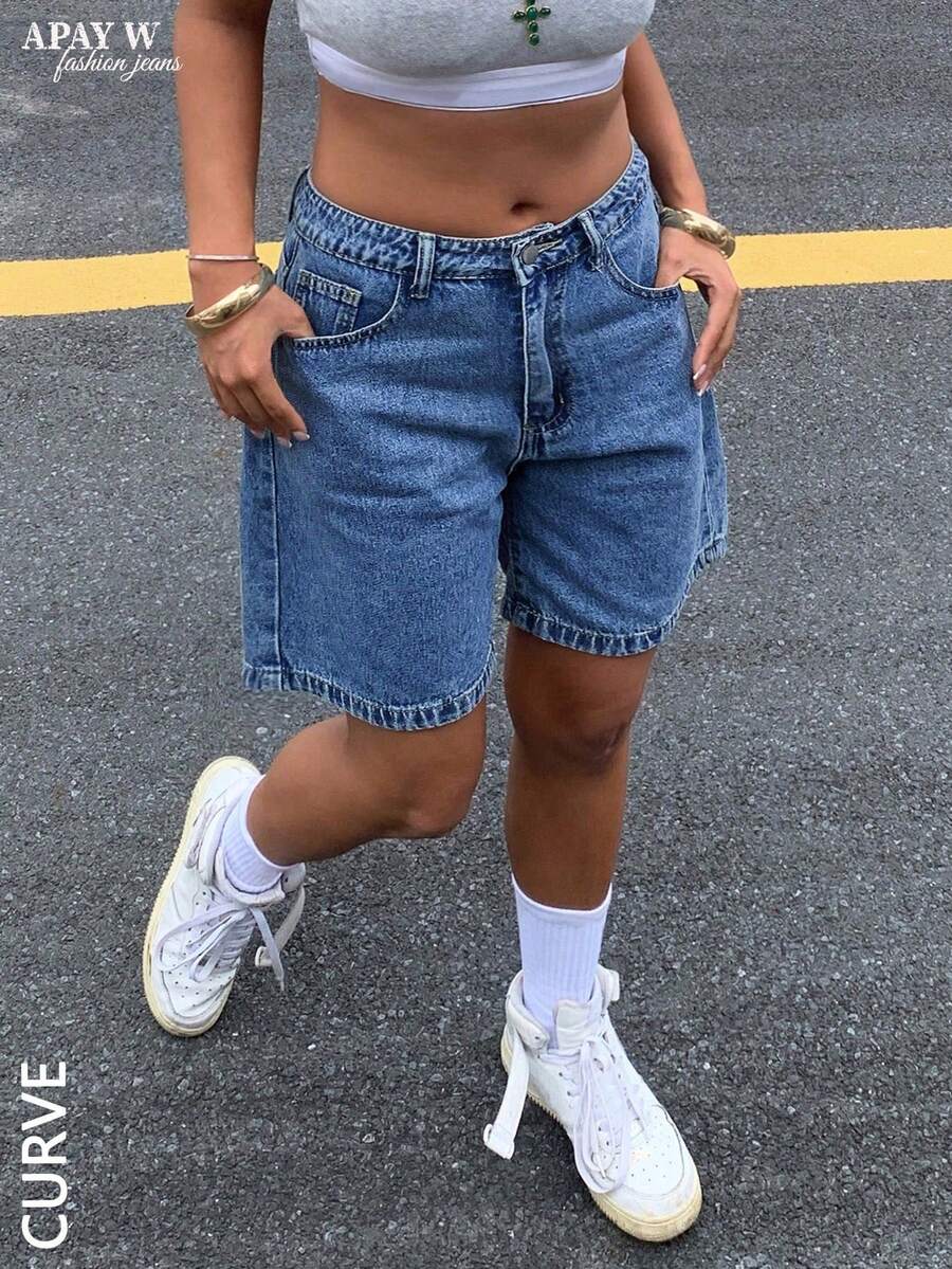 Damen-Bermuda-Denim Shorts in Große Größen, einfarbig, lässig für den Sommer - Dunkle Waschung - Übersicht 1