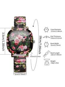 Women's Square Printed Quartz Watch, Elastic Stretch Band Printed Dial Design Wristwatch, Exquisite Gift For Girlfriend (1pc/Set) Watch Box Not Included - Black - View 5