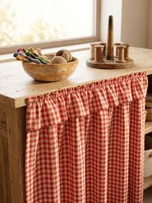 1pc Black And White Plaid Fabric Washable Material Round Basin Skirt With Ruched Hem And Pleated Details, Minimalist Fashion Style, Concealing Washbasin Storage And Decorative Function, Suitable For Bathroom Daily Arrangement And Modern Home Decor - Red - View 3