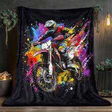 Colorful Motocross Rider Fleece Blanket Tropical Jungle Leaf Premium Jacquard Weave Blanket – Lightweight Travel Essential - Multicolor - View 1