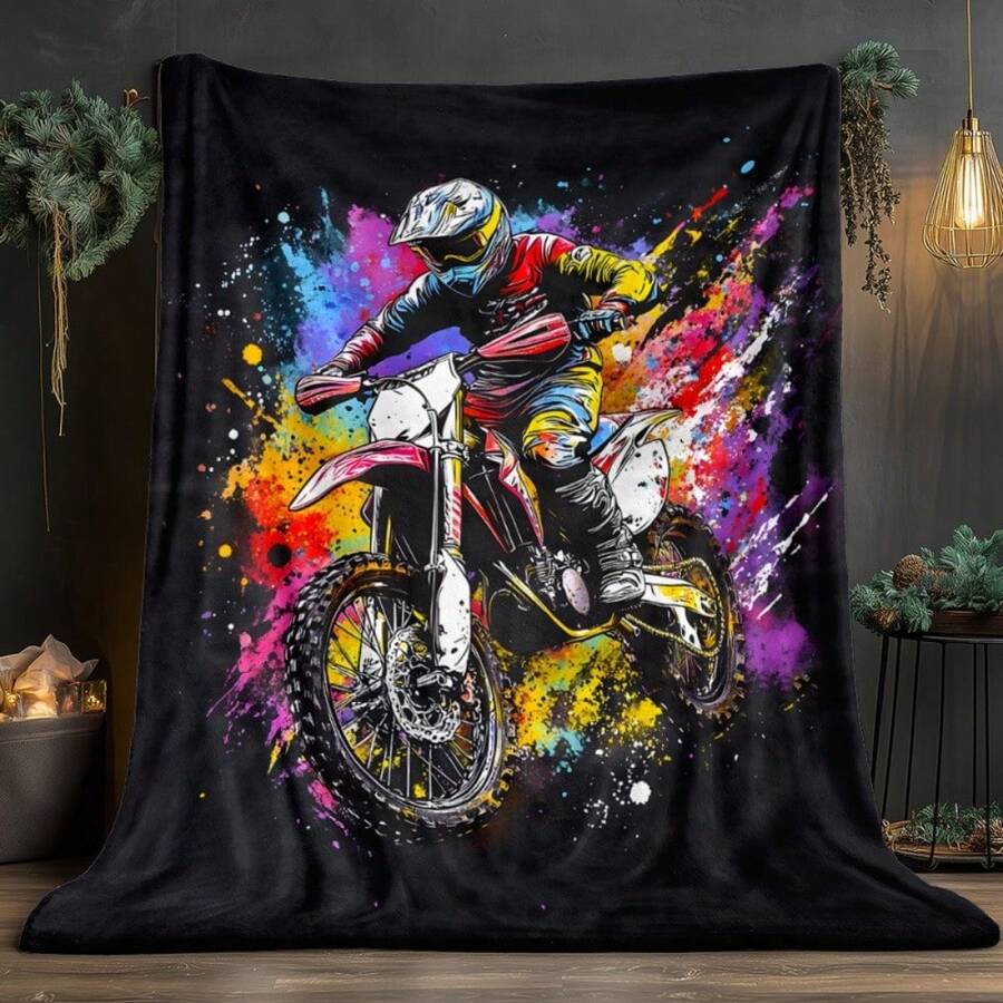 Colorful Motocross Rider Fleece Blanket Tropical Jungle Leaf Premium Jacquard Weave Blanket – Lightweight Travel Essential - Multicolor - View 1