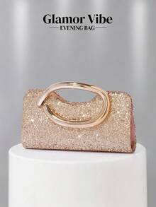 1pc Women's Fashion Vintage Metal Handle Clutch Evening Bag, Luxury Elegant Sparkling Rhinestone Sequin Metal Detail Box Bag With Detachable Metal Chain Crossbody Strap, Suitable For Wedding, Party, Ball, Nightclub, Formal Occasions, Dress Outfit, Gold Wallet - Champagne - View 2