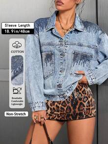 GILIPUR Women's Fashion Sequin Patchwork Washed Denim Jacket, Long Sleeve Lapel Motorcycle Style Outerwear, Suitable For Autumn Casual Wear - Blue - View 3