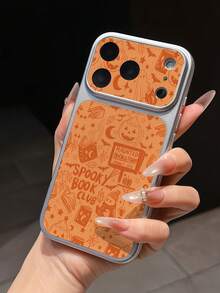 1pc Electroplated Silver Large Full-Screen Camera Window Phone Case, Spooky Book Club Theme, Pumpkin Ghost + Witch Element Pattern With Shockproof Function, Soft Protective Coating, Compatible With Apple 11, 12, 13, 14, 15, 16, 17 Pro Max Models, Minimalist Cute & Exquisite Phone Case Designed For Women And Girls - Silver - View 4
