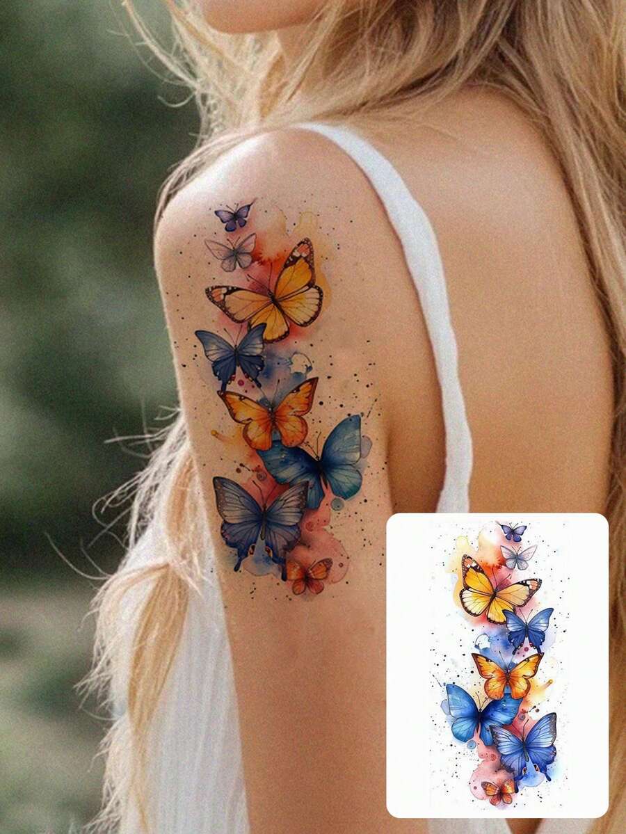 1pc Butterfly Pattern Tattoo Sticker, Unisex, Waterproof Temporary Butterfly Tattoo, Suitable For Hands, Arms, Chest Body Art, Fake Tattoo For Daily Body Decoration - Multicolor - View 1