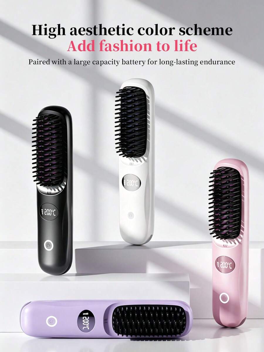 SKYWORTH Mini Wireless Heated Hair Straightener Brush With LCD Screen, Ceramic Coating & Negative Ion, 2000mAh Rechargeable Travel Styler - Multicolor - View 1