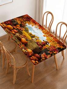 1pc Autumn Harvest Pastoral Halloween Decor Elastic Tablecloth, Rectangular Fitted Dining Table Cover, Suitable For Family Gatherings, Autumn Parties, Kitchen Dining Room And Thanksgiving Decoration - Multicolor - View 4